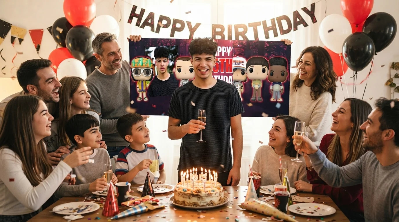 Friends and family celebrating with the personalised Stranger Things Birthday Party Banner