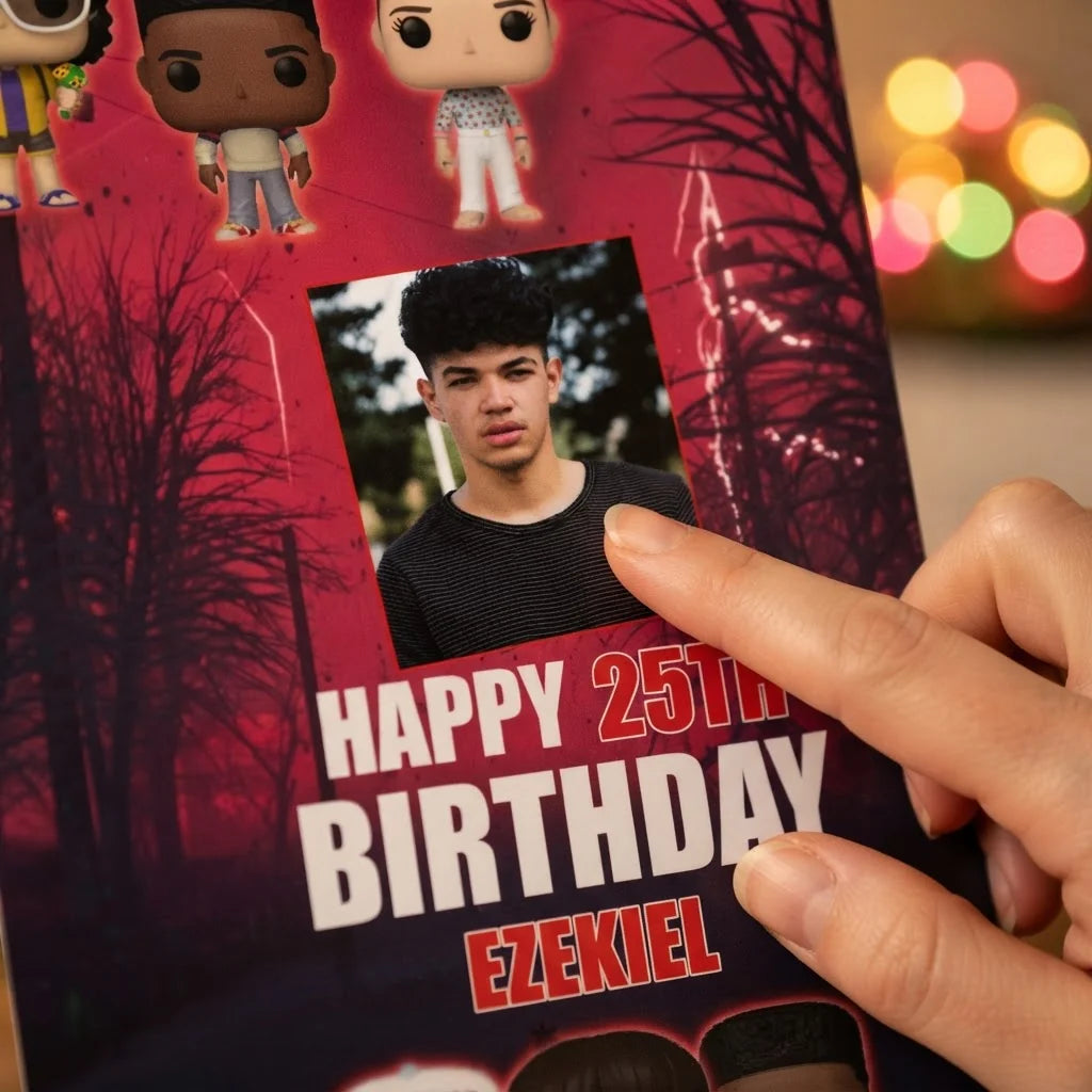 Close-up of the personalised name and photo printed on the Stranger Things Birthday Party Mega Card