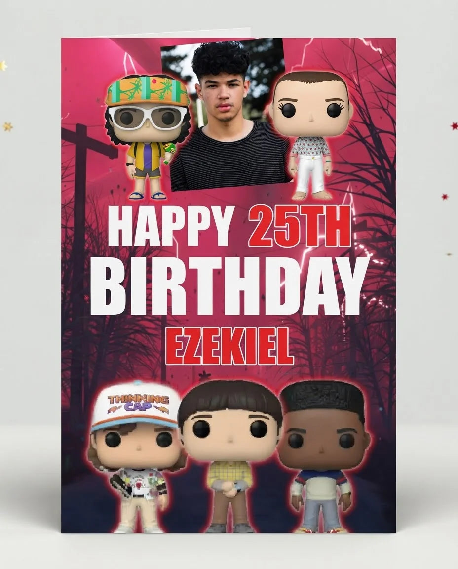 Personalised Stranger Things Birthday Party Mega Card displayed against a plain studio background