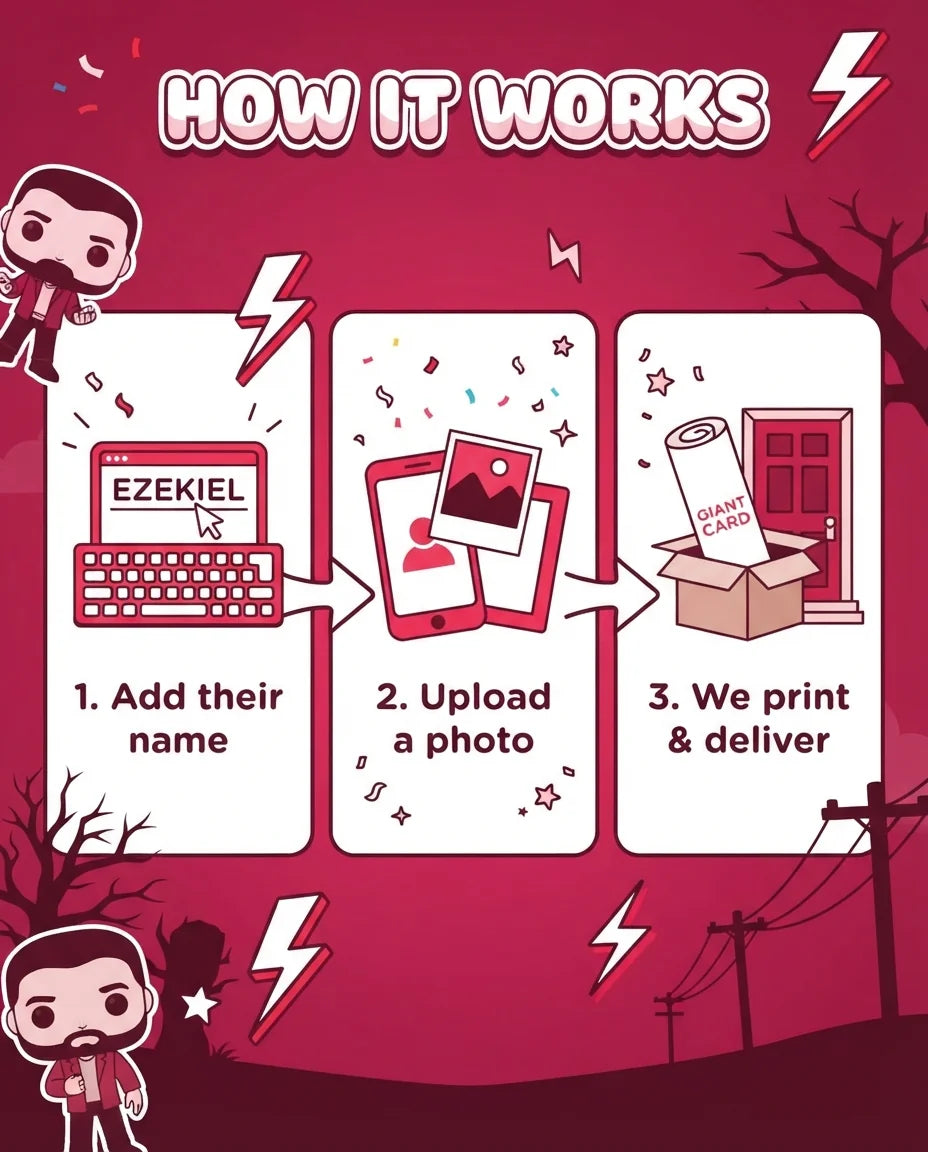 How it works: add a name, upload a photo, and we print and deliver the Stranger Things Birthday Party Mega Card