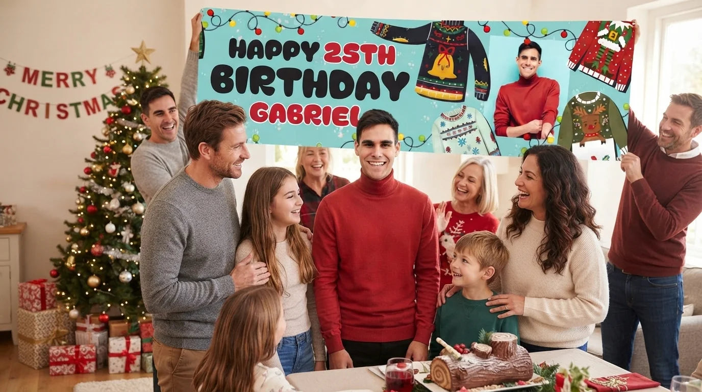 Friends and family celebrating with the personalised Ugly Christmas Sweater Birthday Party Banner