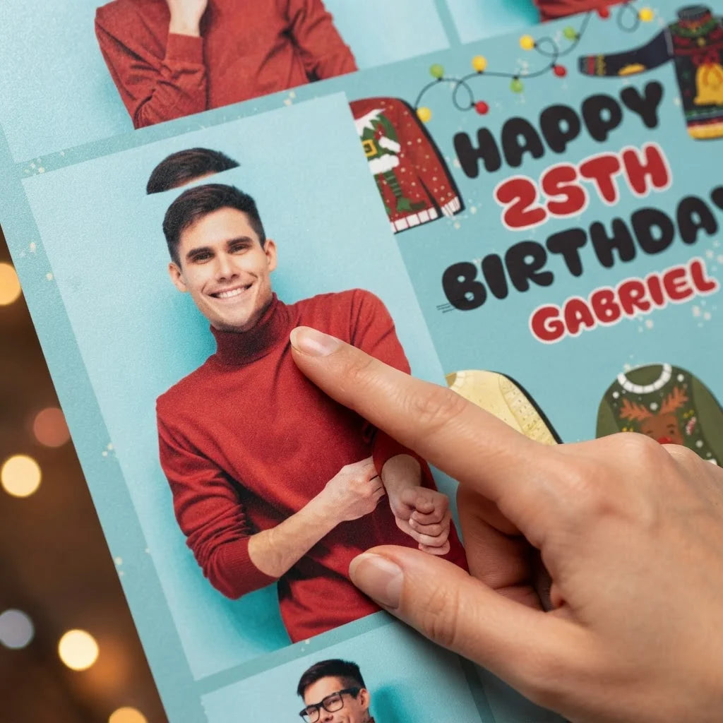 Close-up of the personalised name and photo printed on the Ugly Christmas Sweater Birthday Party Mega Card