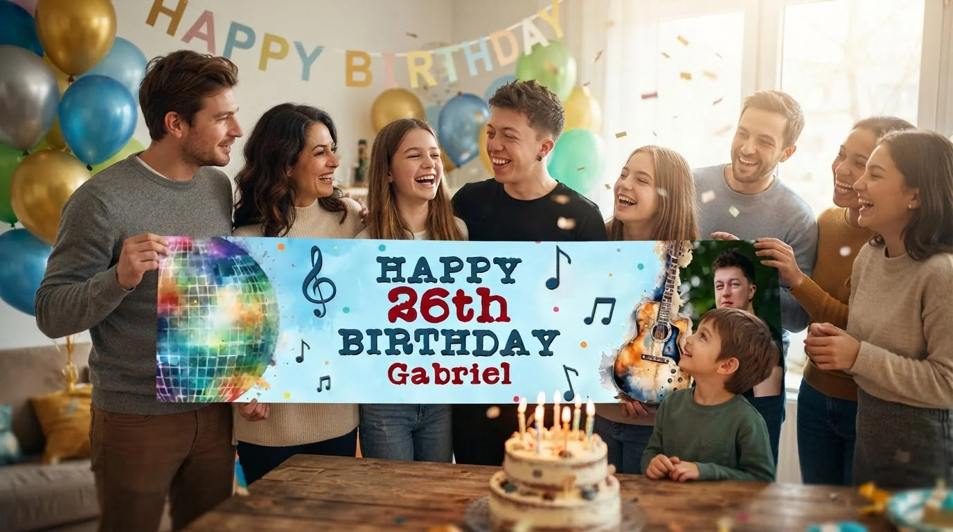 Friends and family celebrating with the personalised Guitar Music Theme Birthday Party Banner