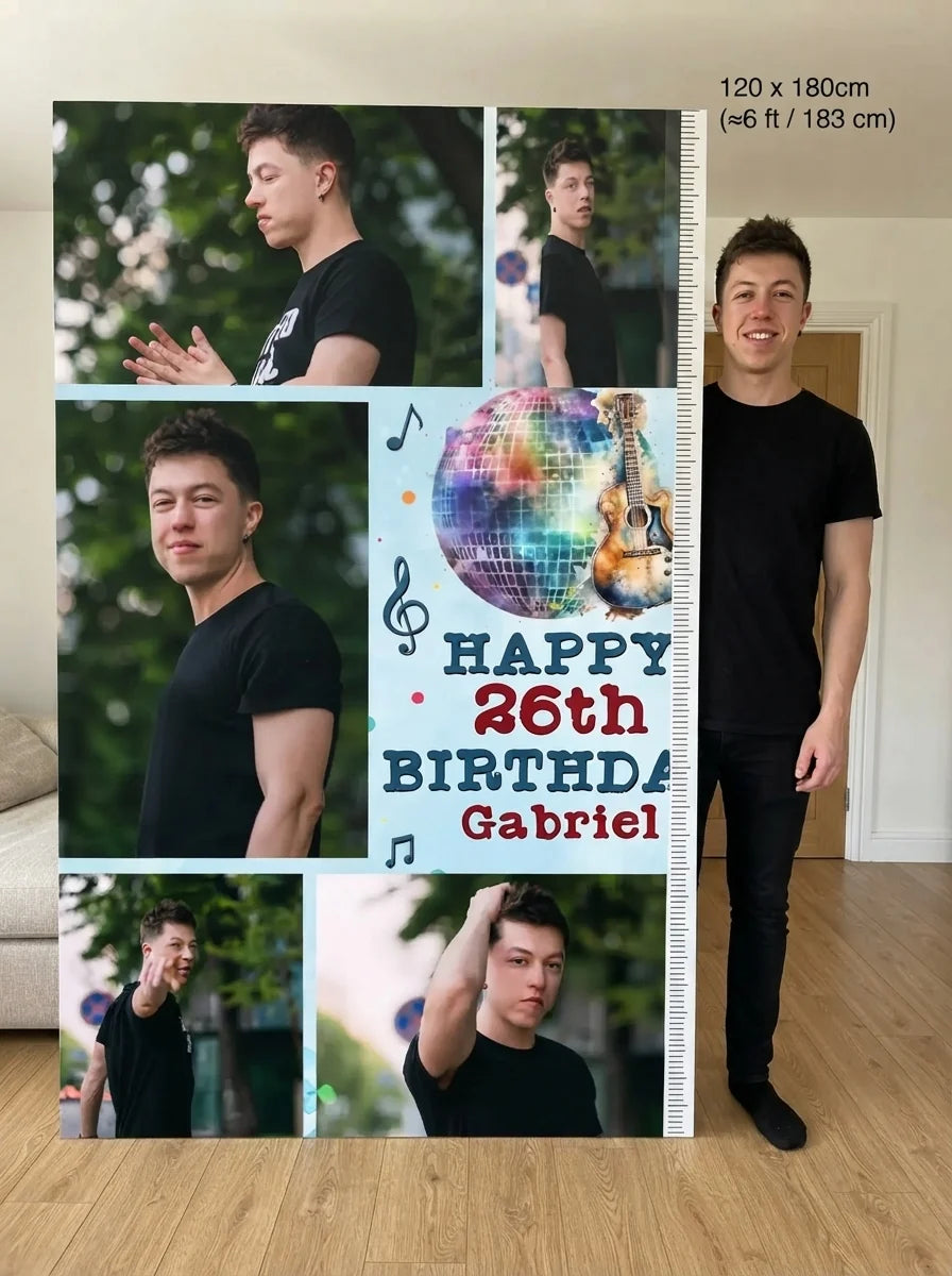 Person standing beside the Guitar Music Theme Birthday Party Mega Card for scale in a size guide