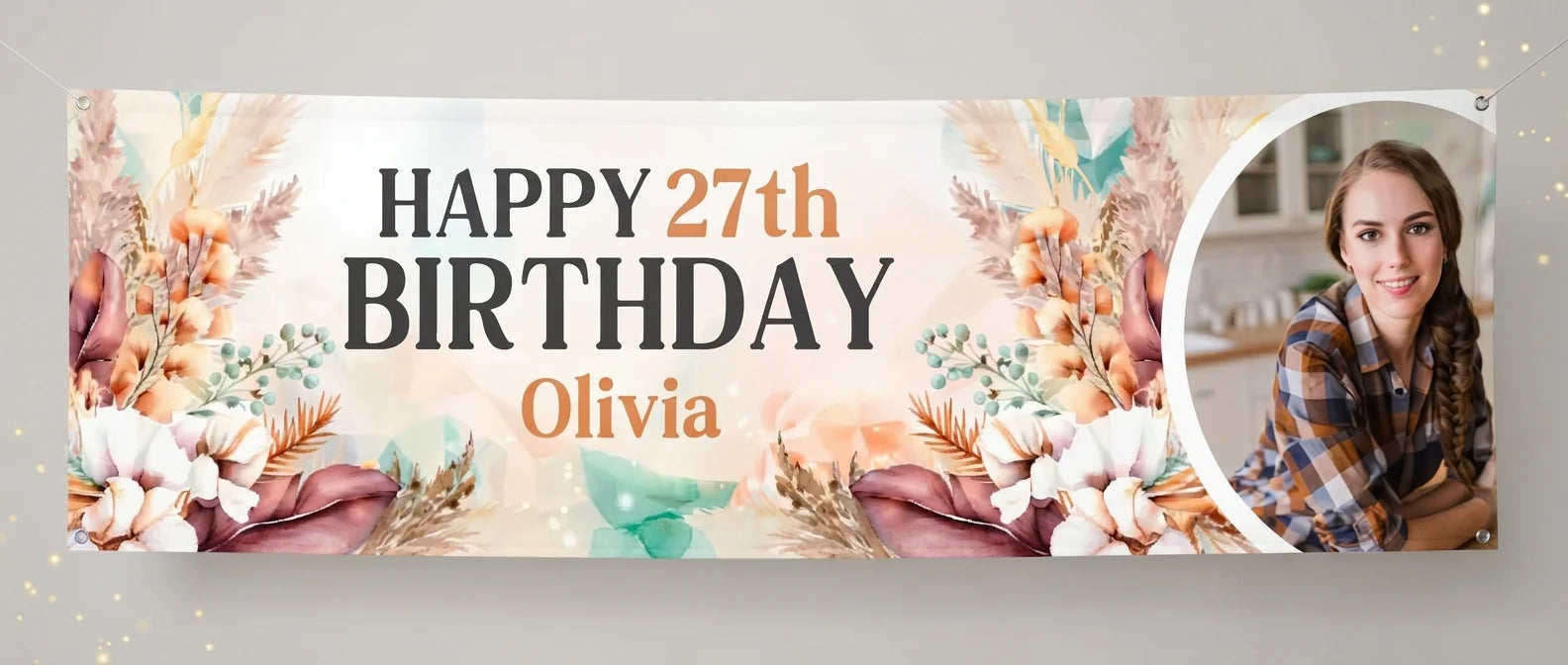 Personalised Boho Pampas Grass Theme Birthday Banner displayed against a plain studio background