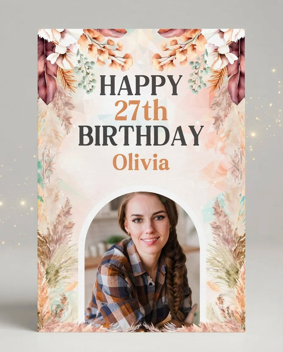 Personalised Boho Pampas Grass Theme Birthday Mega Card displayed against a plain studio background