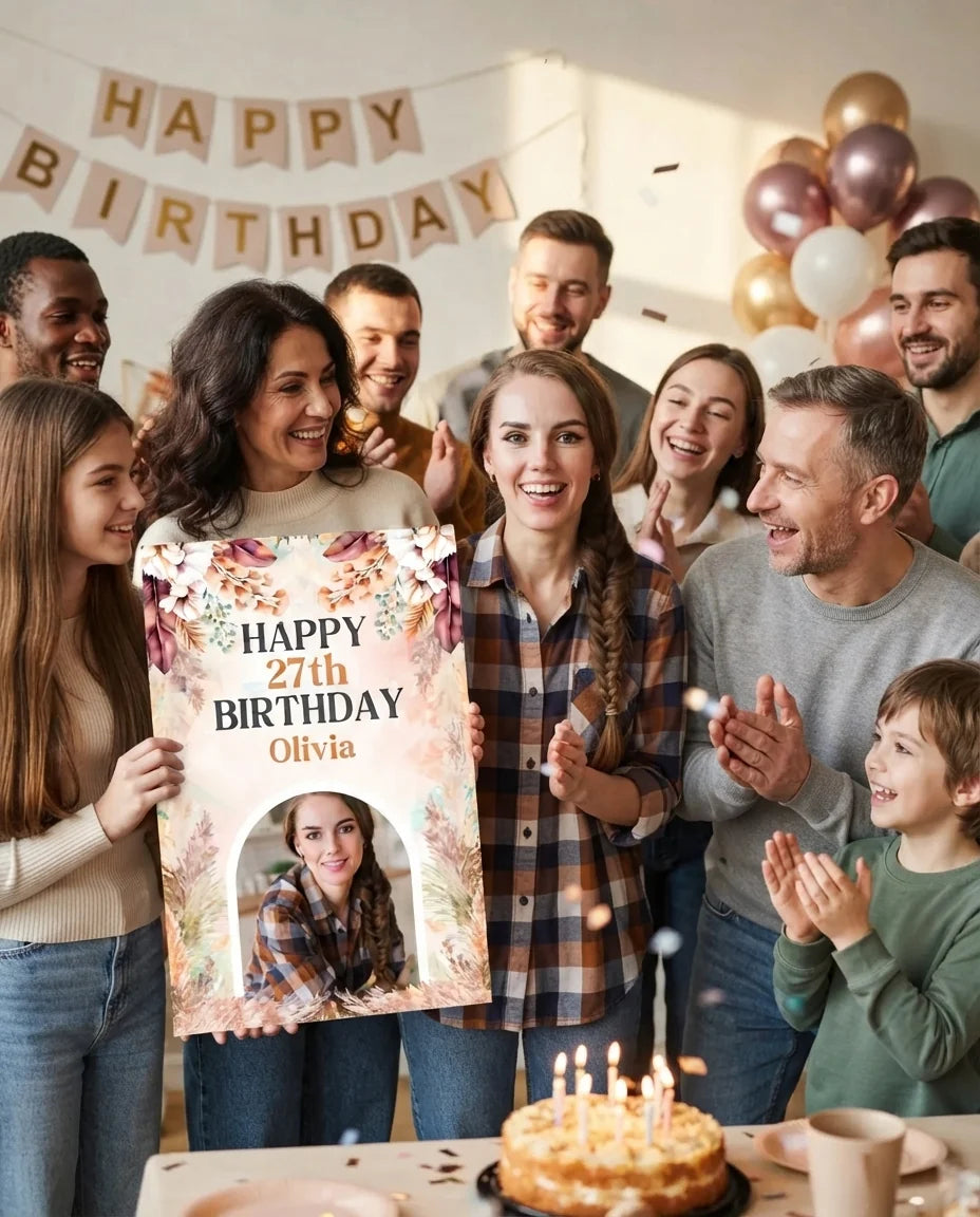 Friends and family celebrating with the personalised Boho Pampas Grass Theme Birthday Mega Card