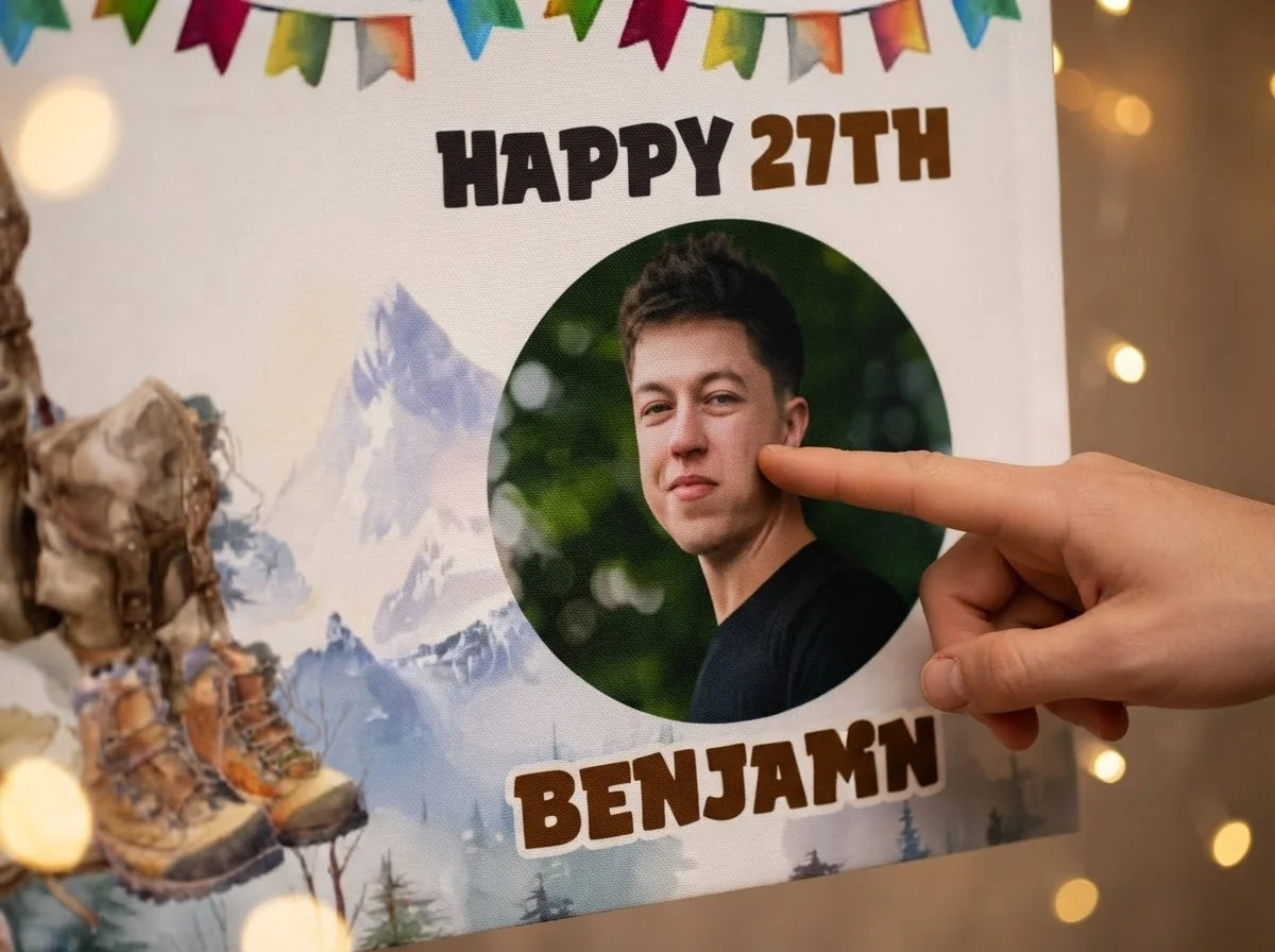 Close-up of the personalised name and photo printed on the Hiking Theme Birthday Party Banner