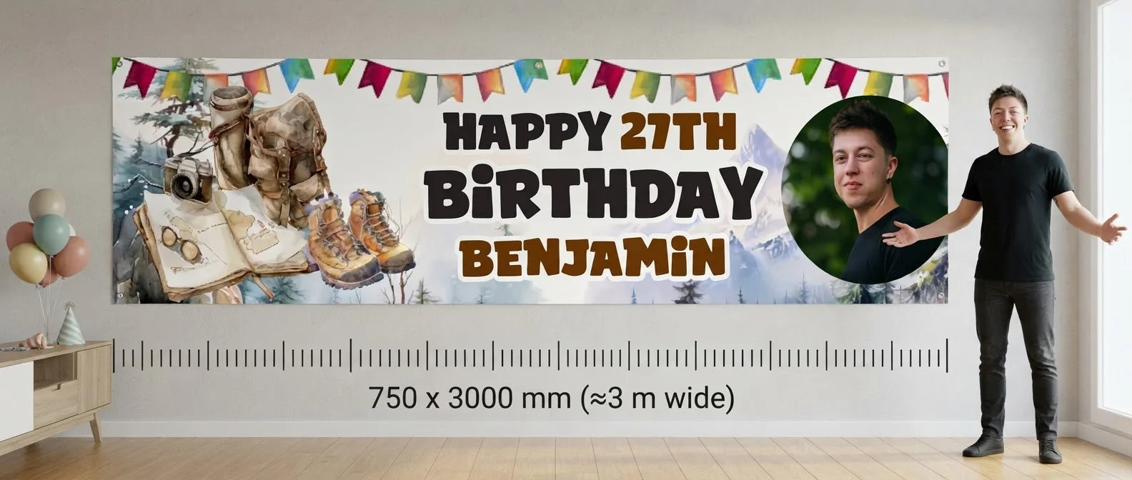 Person standing beside the Hiking Theme Birthday Party Banner for scale, with size guide showing 750 x 3000 mm