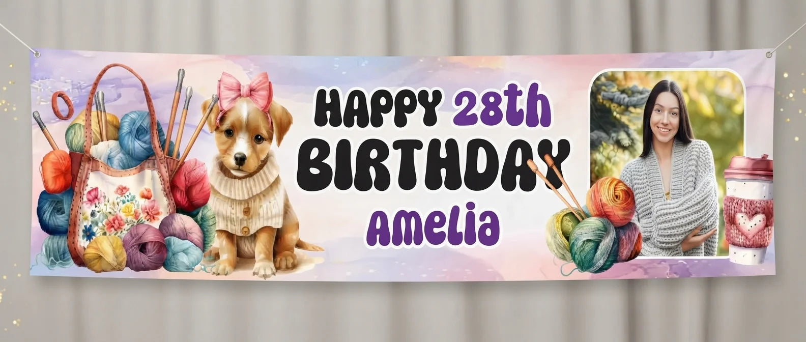 Personalised Knitting Theme Birthday Party Banner displayed against a plain studio background