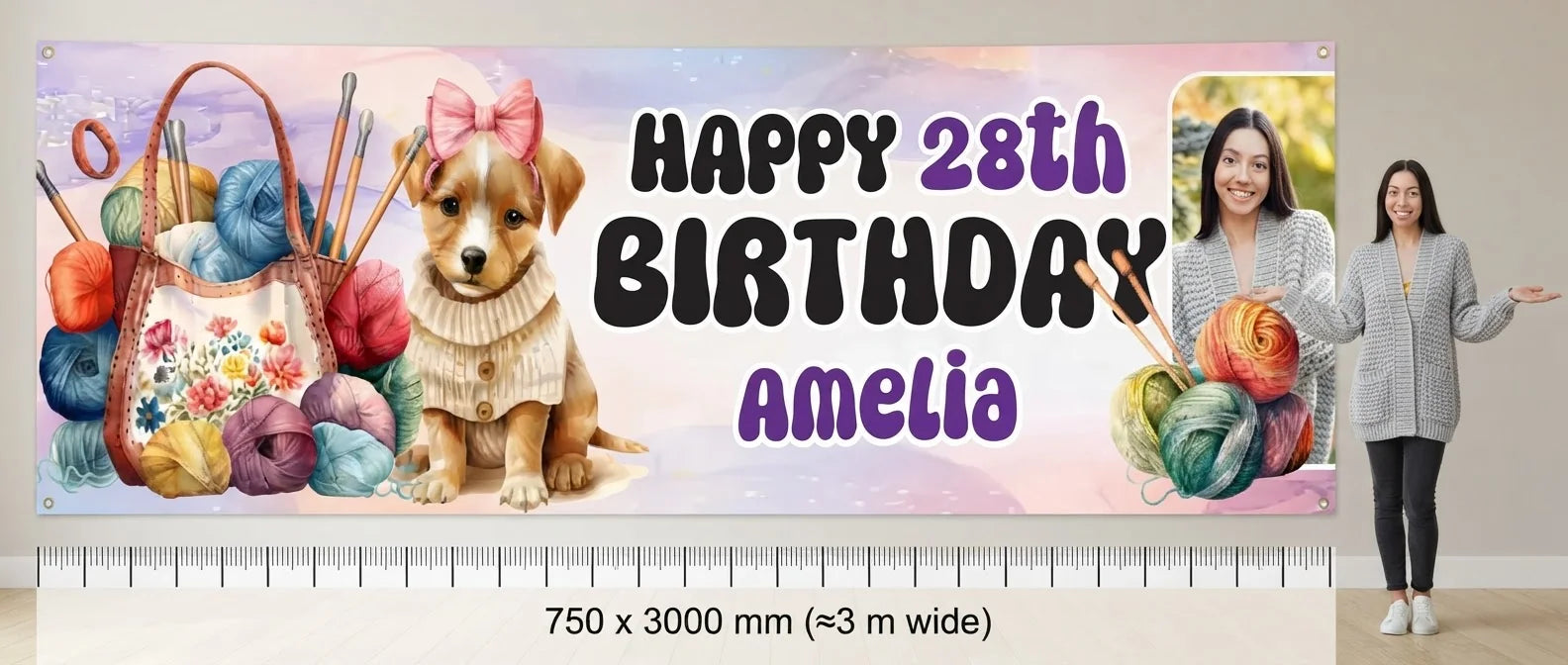 Person standing beside the Knitting Theme Birthday Party Banner for scale, with size guide showing 750 x 3000 mm