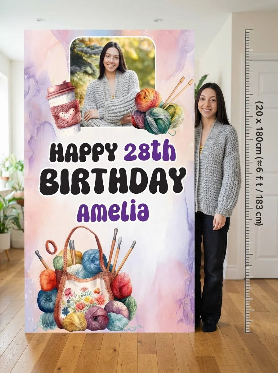 Person standing beside the Knitting Theme Birthday Party Mega Card for scale in a size guide