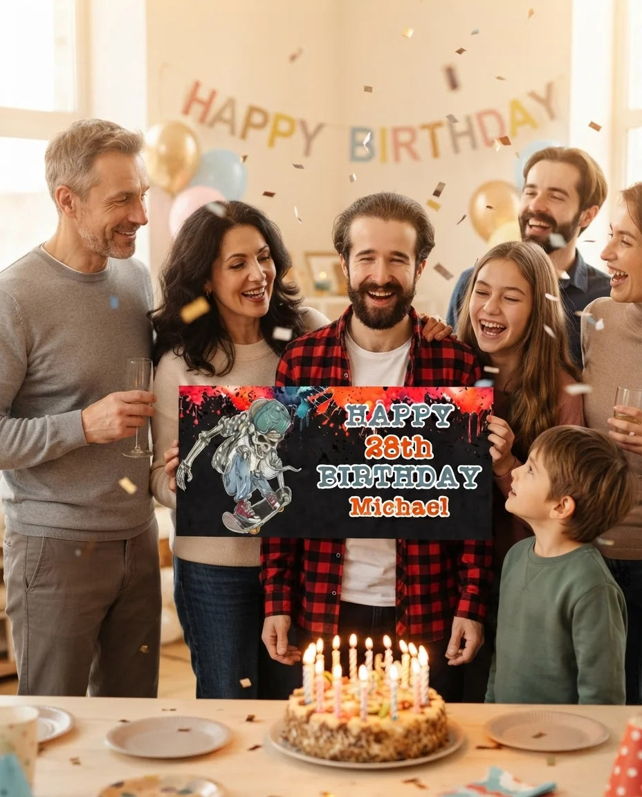 Friends and family celebrating with the personalised Skateboard Theme Birthday Party Mega Card