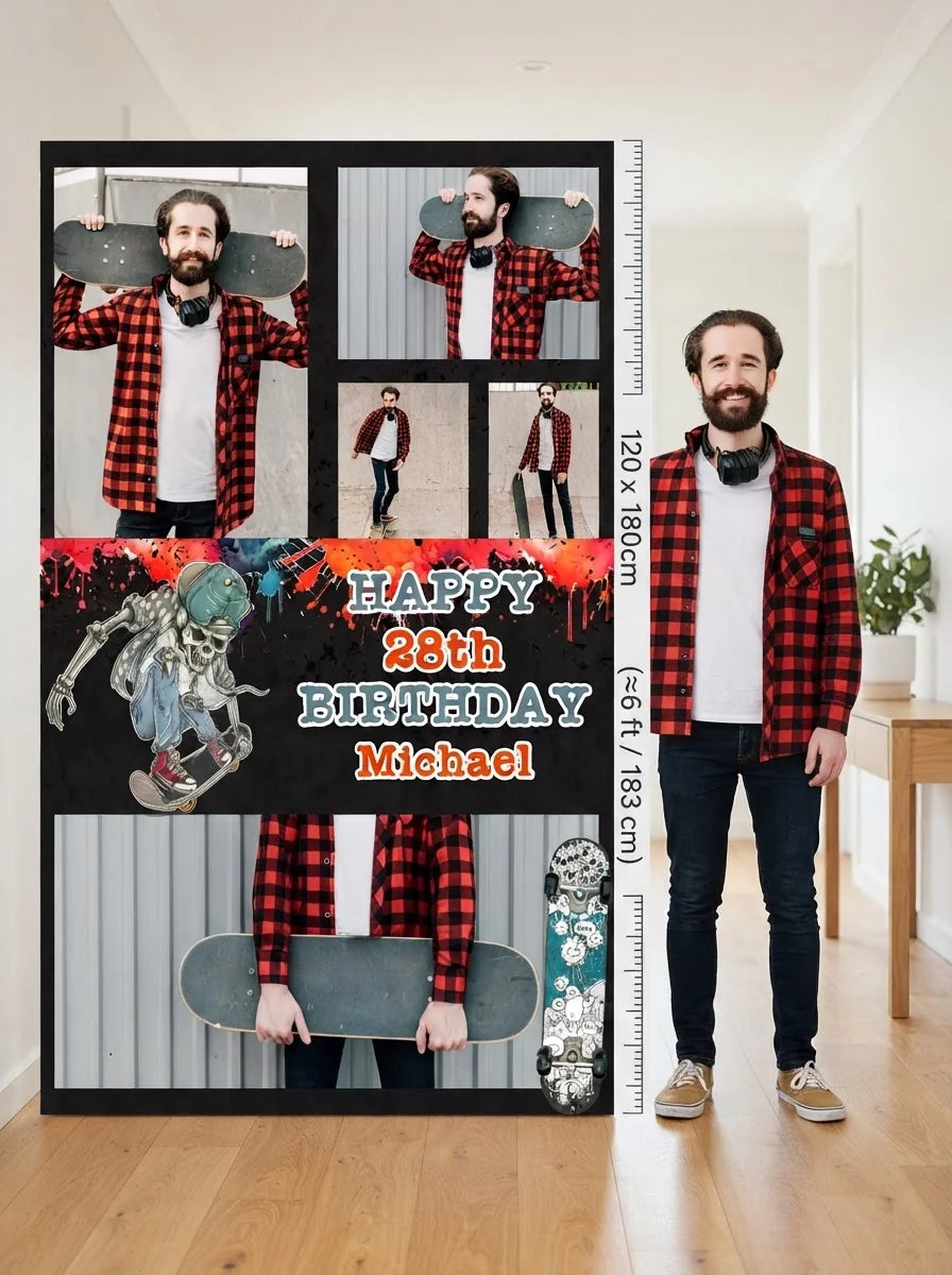 Person standing beside the Skateboard Theme Birthday Party Mega Card for scale in a size guide