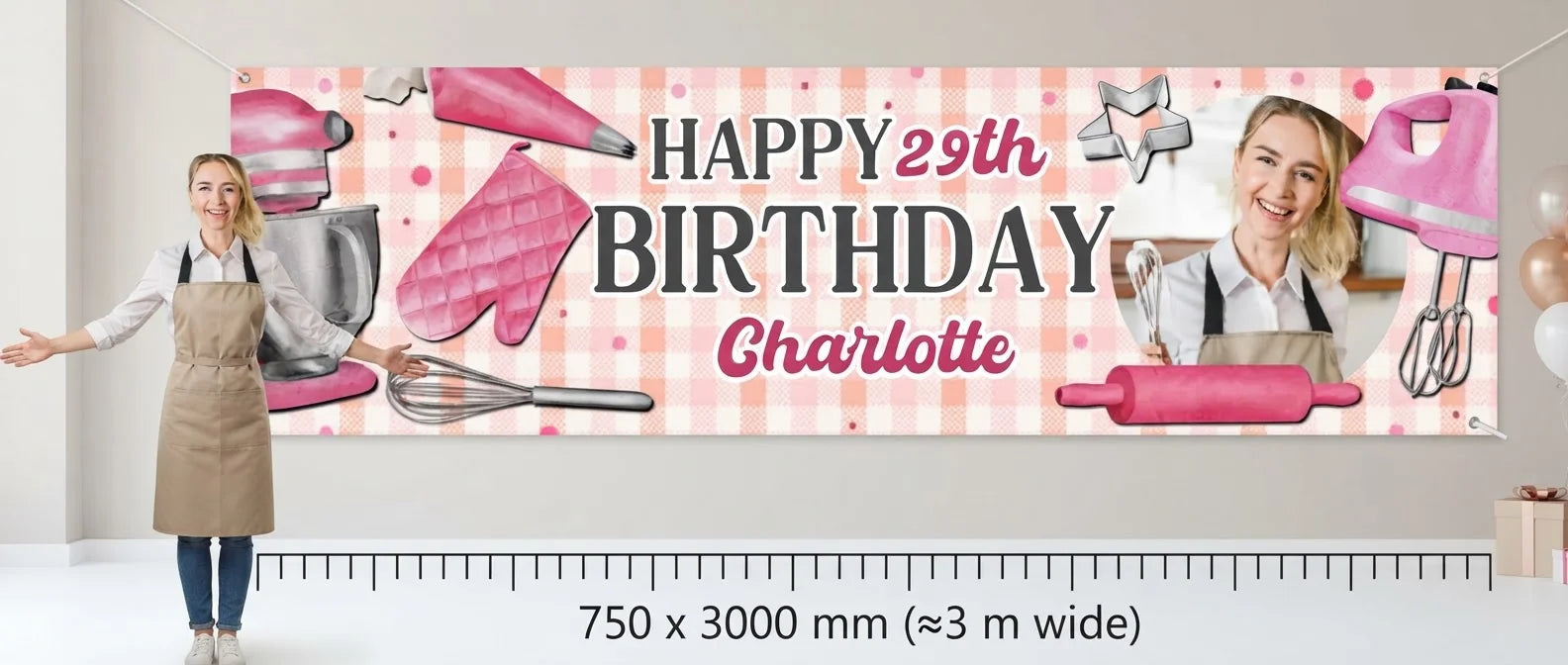 Person standing beside the Baking Theme Birthday Party Banner for scale, with size guide showing 750 x 3000 mm