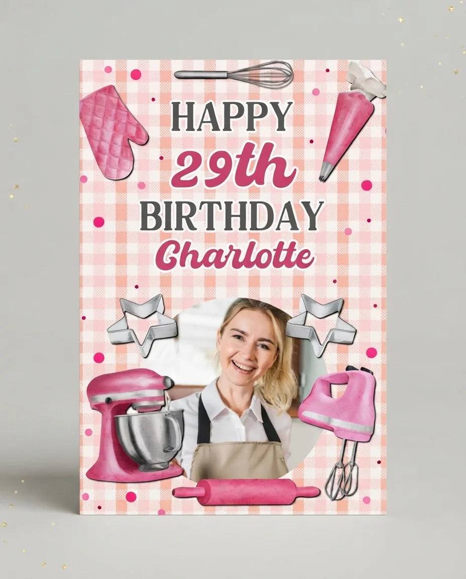 Personalised Baking Theme Birthday Party Mega Card displayed against a plain studio background