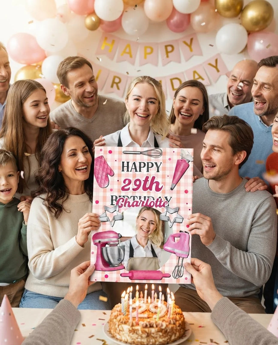 Friends and family celebrating with the personalised Baking Theme Birthday Party Mega Card