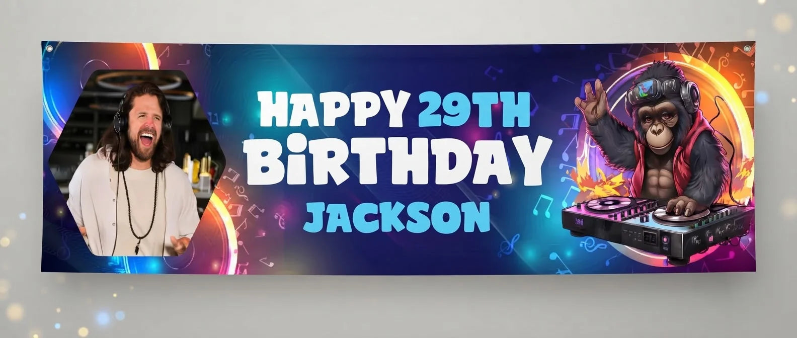 Personalised DJ Theme Birthday Party Banner displayed against a plain studio background
