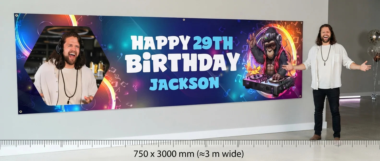 Person standing beside the DJ Theme Birthday Party Banner for scale, with size guide showing 750 x 3000 mm