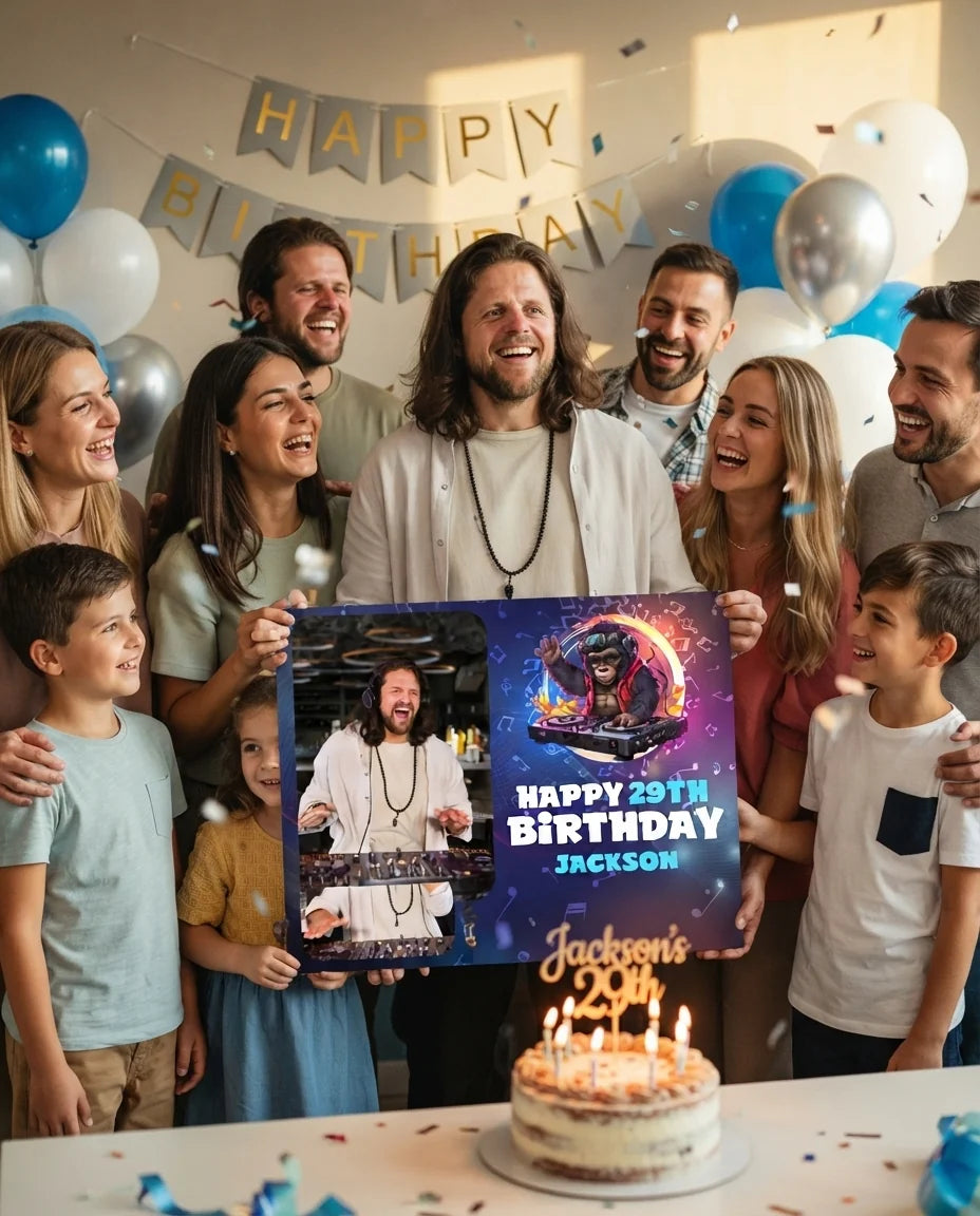 Friends and family celebrating with the personalised DJ Theme Birthday Party Mega Card