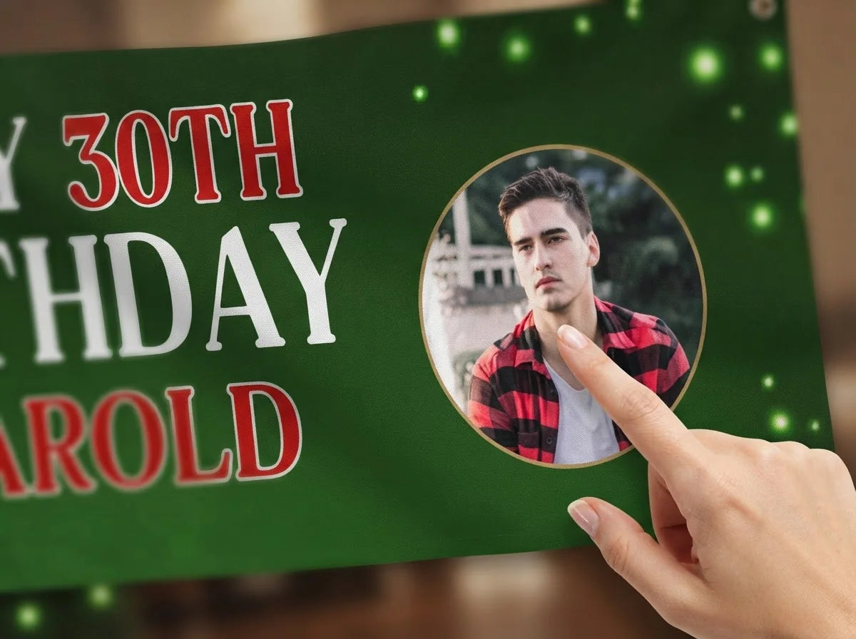 Close-up of the personalised name and photo printed on the Casino Theme Birthday Party Banner