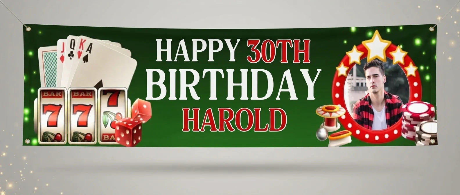 Personalised Casino Theme Birthday Party Banner displayed against a plain studio background