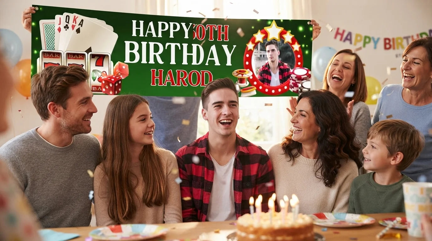 Friends and family celebrating with the personalised Casino Theme Birthday Party Banner