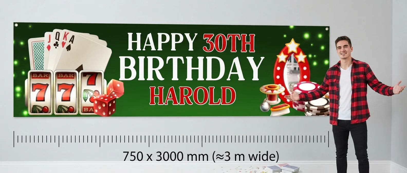 Person standing beside the Casino Theme Birthday Party Banner for scale, with size guide showing 750 x 3000 mm