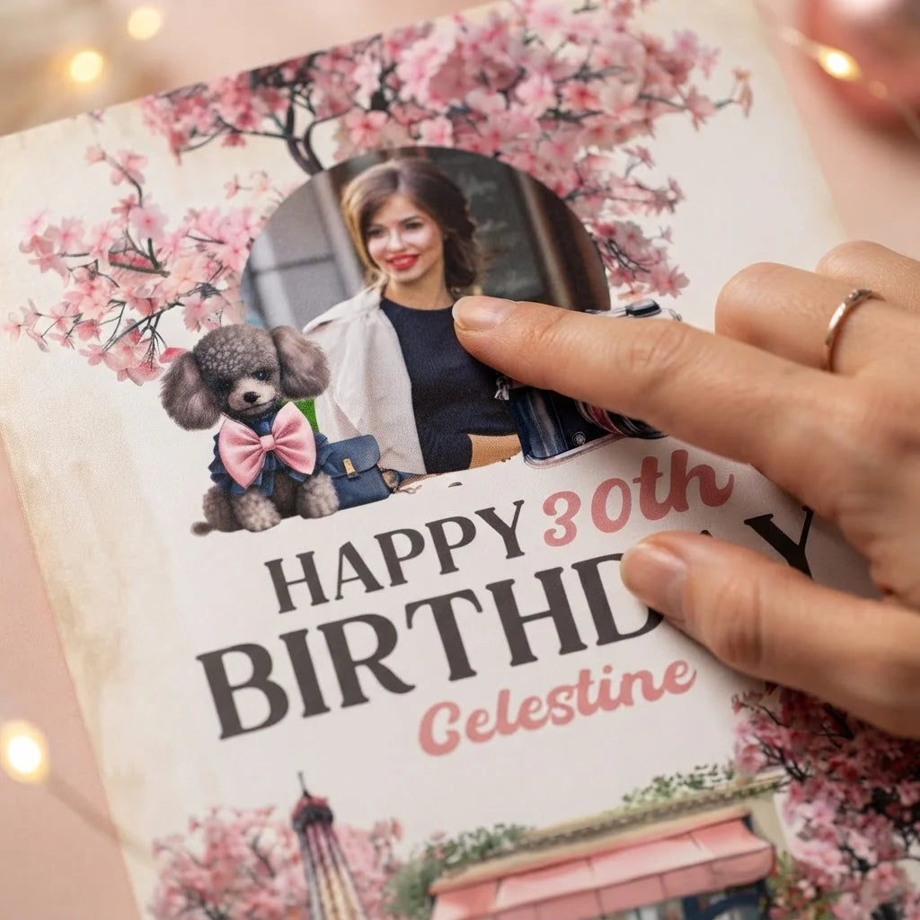 Close-up of the personalised name and photo printed on the Ooh La La Paris Birthday Party Mega Card