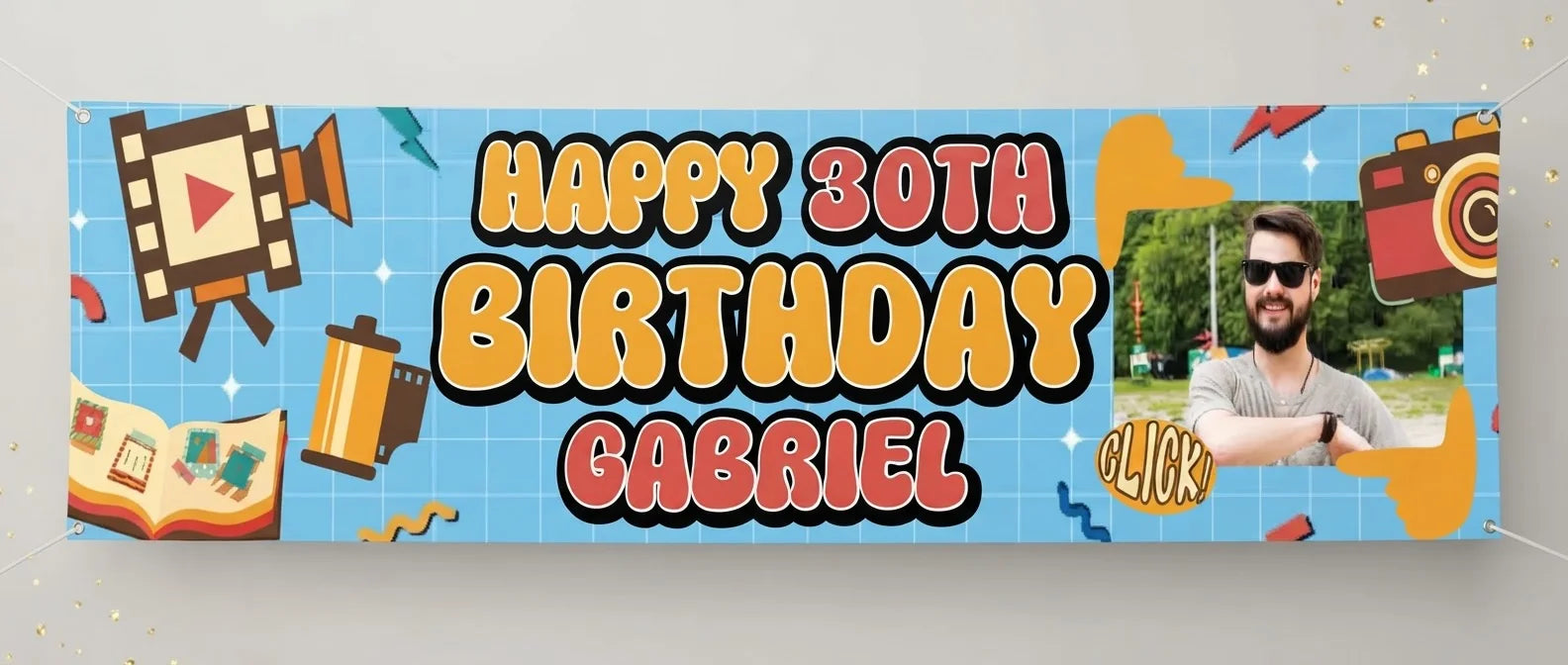Personalised Vintage Camera Birthday Party Banner displayed against a plain studio background