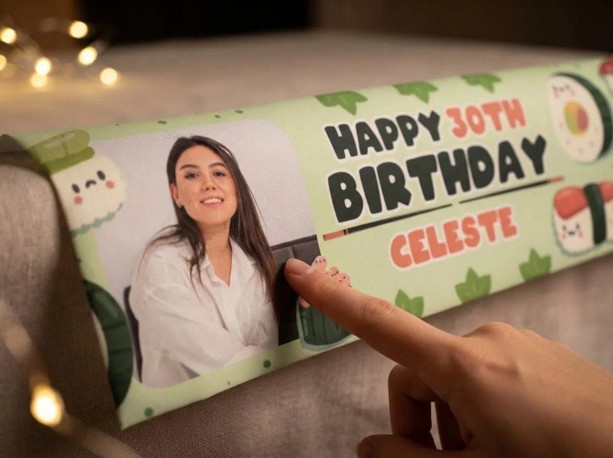 Close-up of the personalised name and photo printed on the Sushi Theme Birthday Party Banner