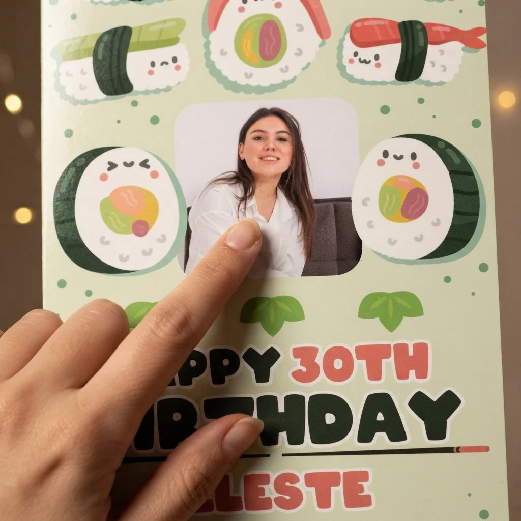 Close-up of the personalised name and photo printed on the Personalised Sushi Theme Birthday Mega Card