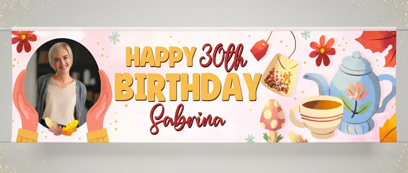 Personalised Tea Party Birthday Banner displayed against a plain studio background