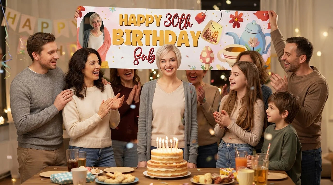 Friends and family celebrating with the personalised Tea Party Birthday Banner