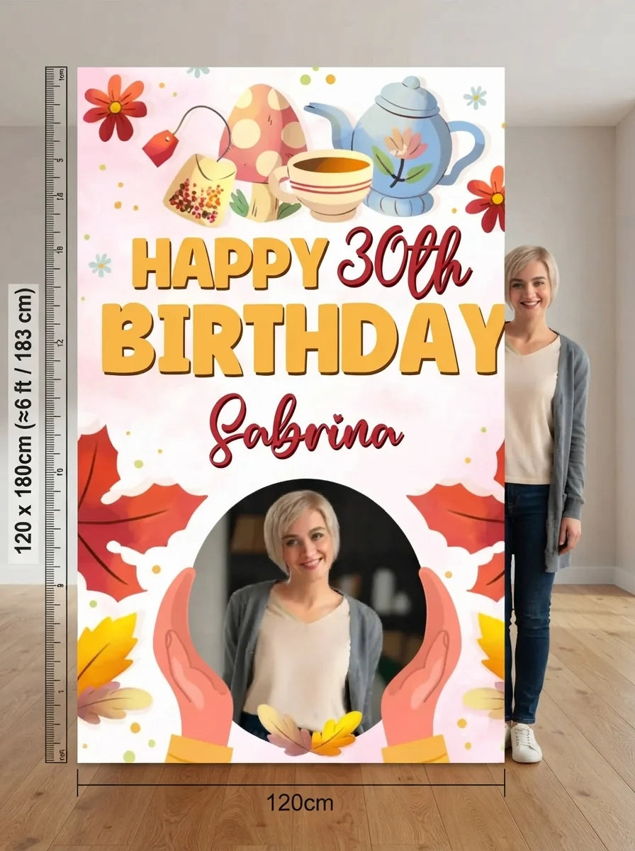 Person standing beside the Tea Party Birthday Mega Card for scale in a size guide