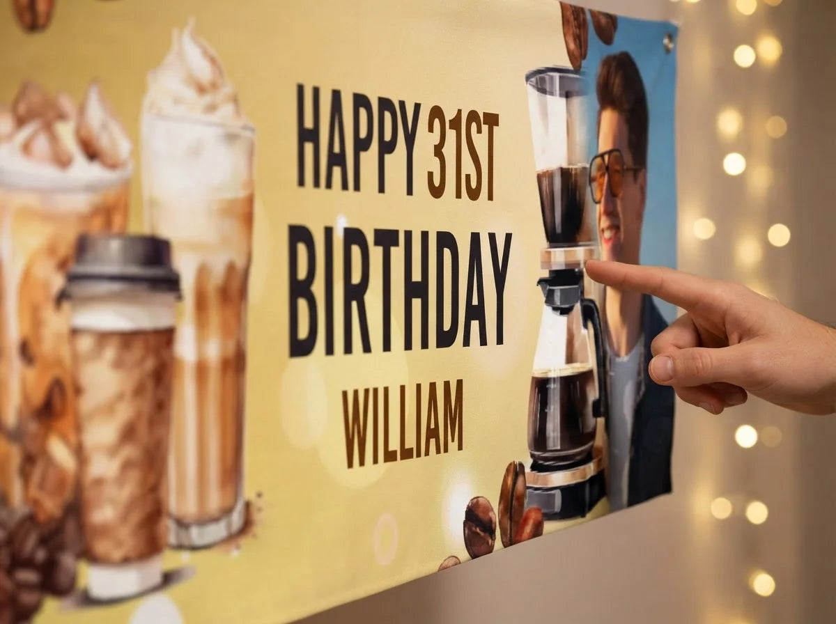 Close-up of the personalised name and photo printed on the Coffee Lover Birthday Theme Party Banner