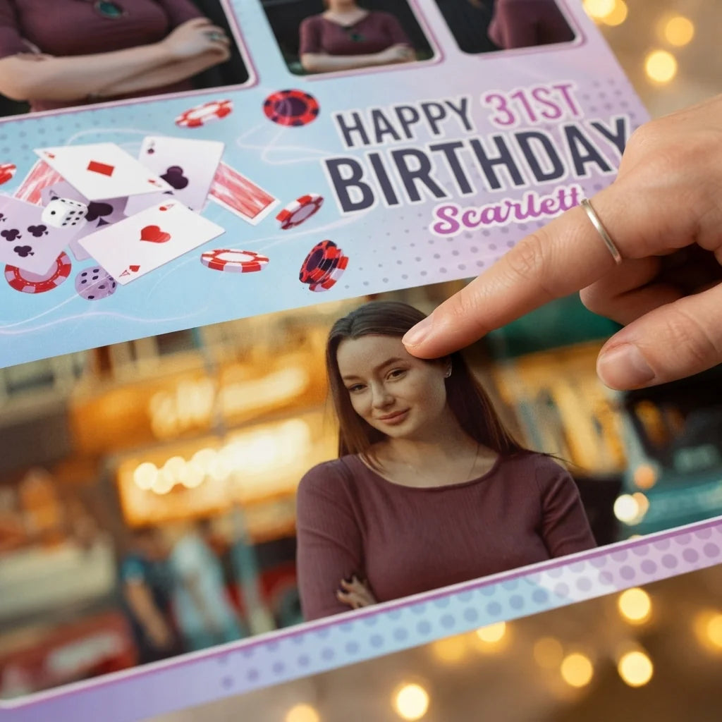 Close-up of the personalised name and photo printed on the Playing Cards Theme Birthday Party Mega Card