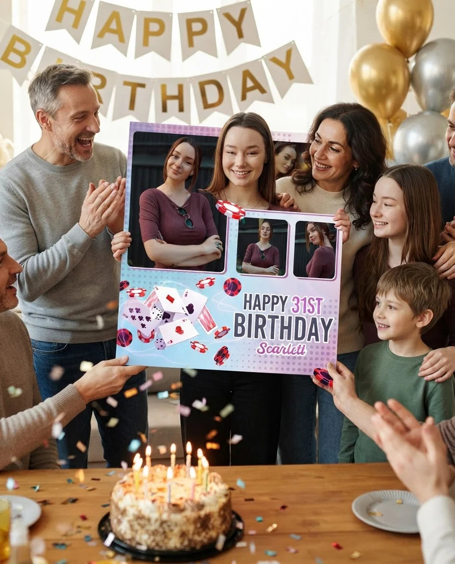 Friends and family celebrating with the personalised Playing Cards Theme Birthday Party Mega Card