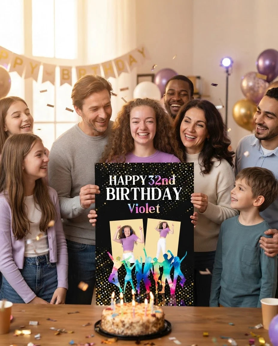 Friends and family celebrating with the personalised Dance Birthday Party Mega Card