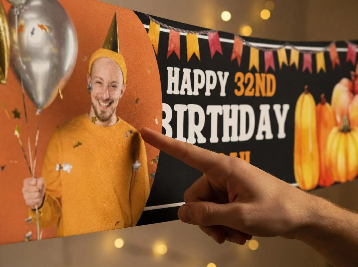 Close-up of the personalised name and photo printed on the Thanksgiving Birthday Party Banner