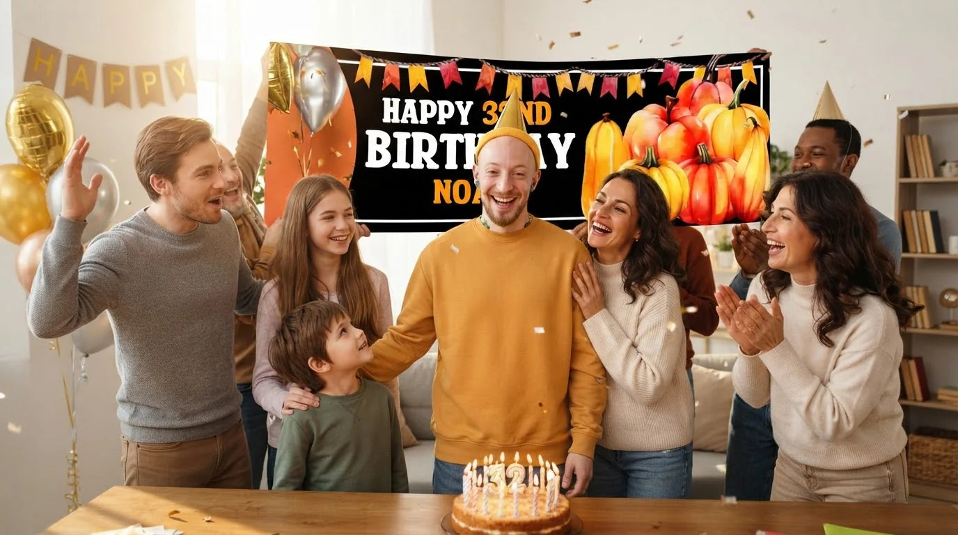 Friends and family celebrating with the personalised Thanksgiving Birthday Party Banner