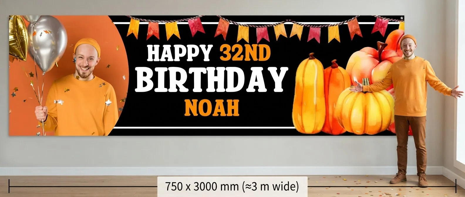 Person standing beside the Thanksgiving Birthday Party Banner for scale, with size guide showing 750 x 3000 mm
