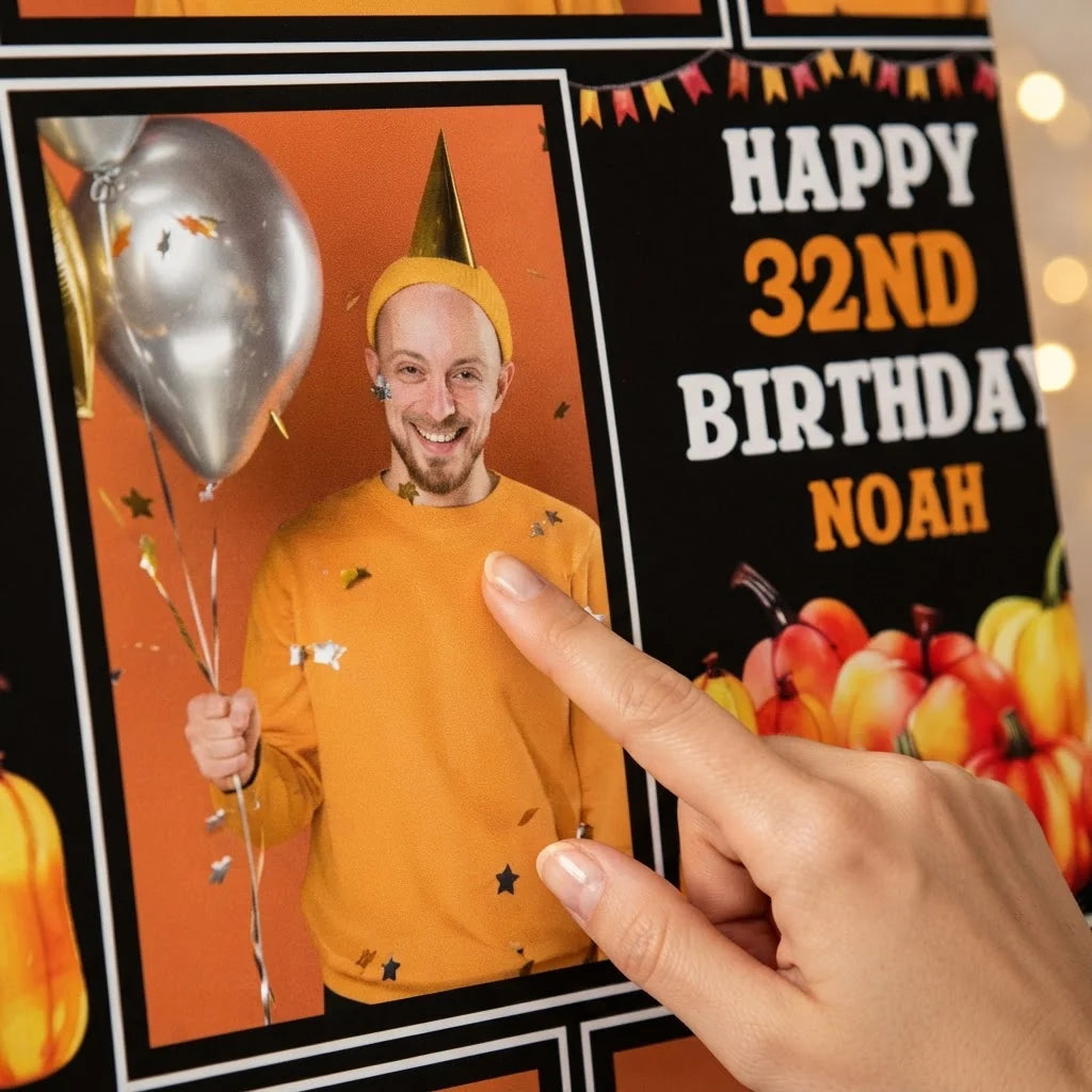 Close-up of the personalised name and photo printed on the Thanksgiving Birthday Party Mega Card