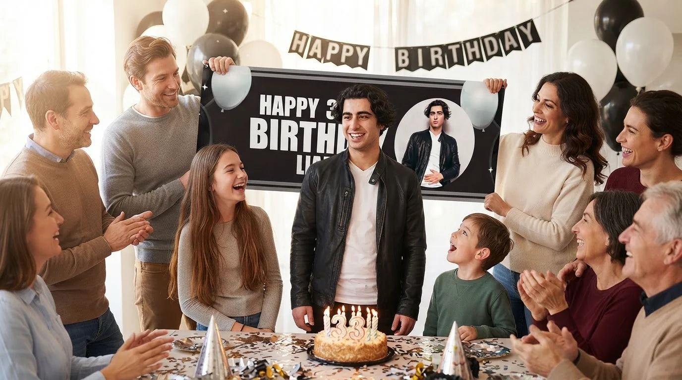Friends and family celebrating with the personalised Black and White Theme Birthday Party Banner