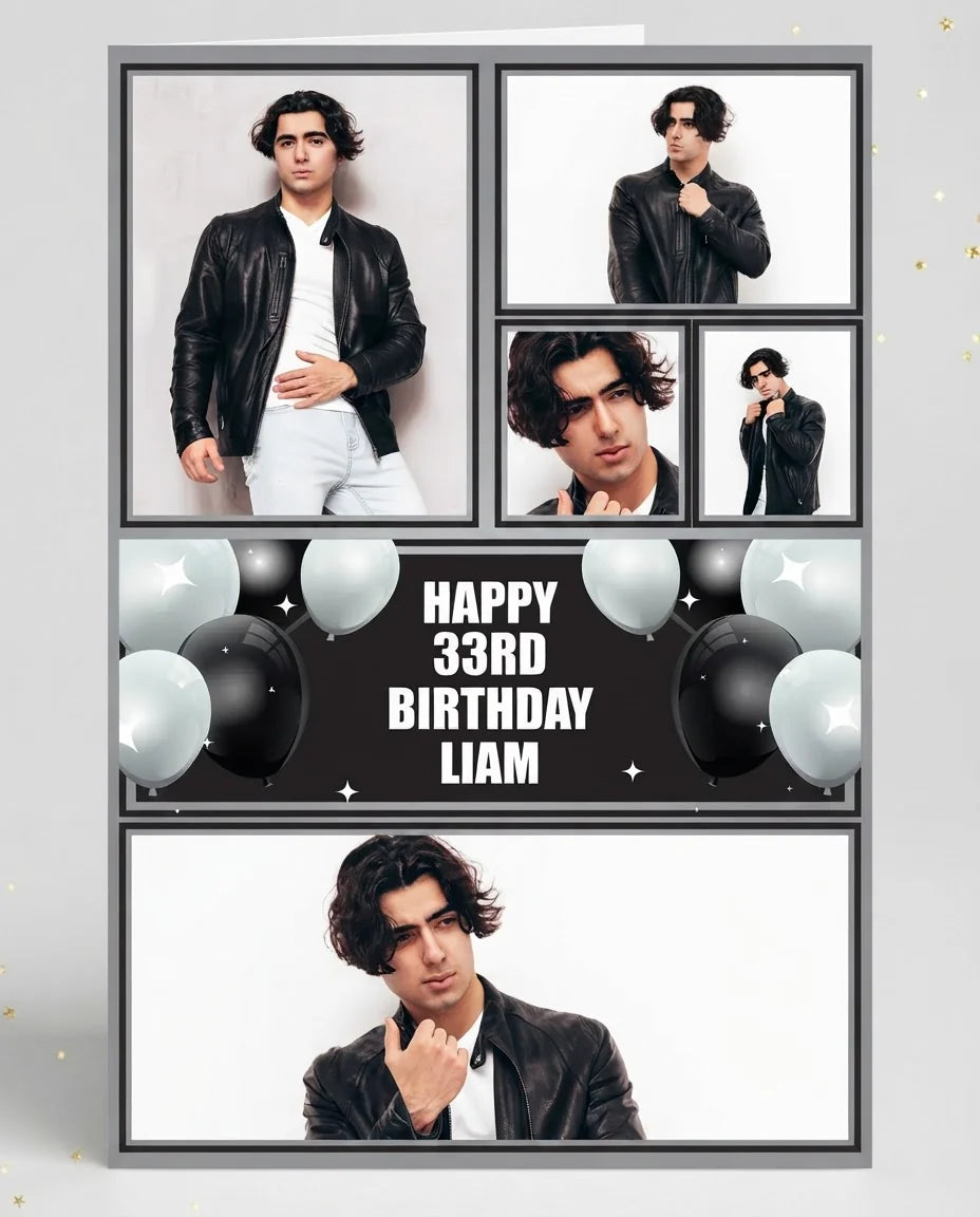 Personalised Black and White Theme Birthday Party Mega Card displayed against a plain studio background
