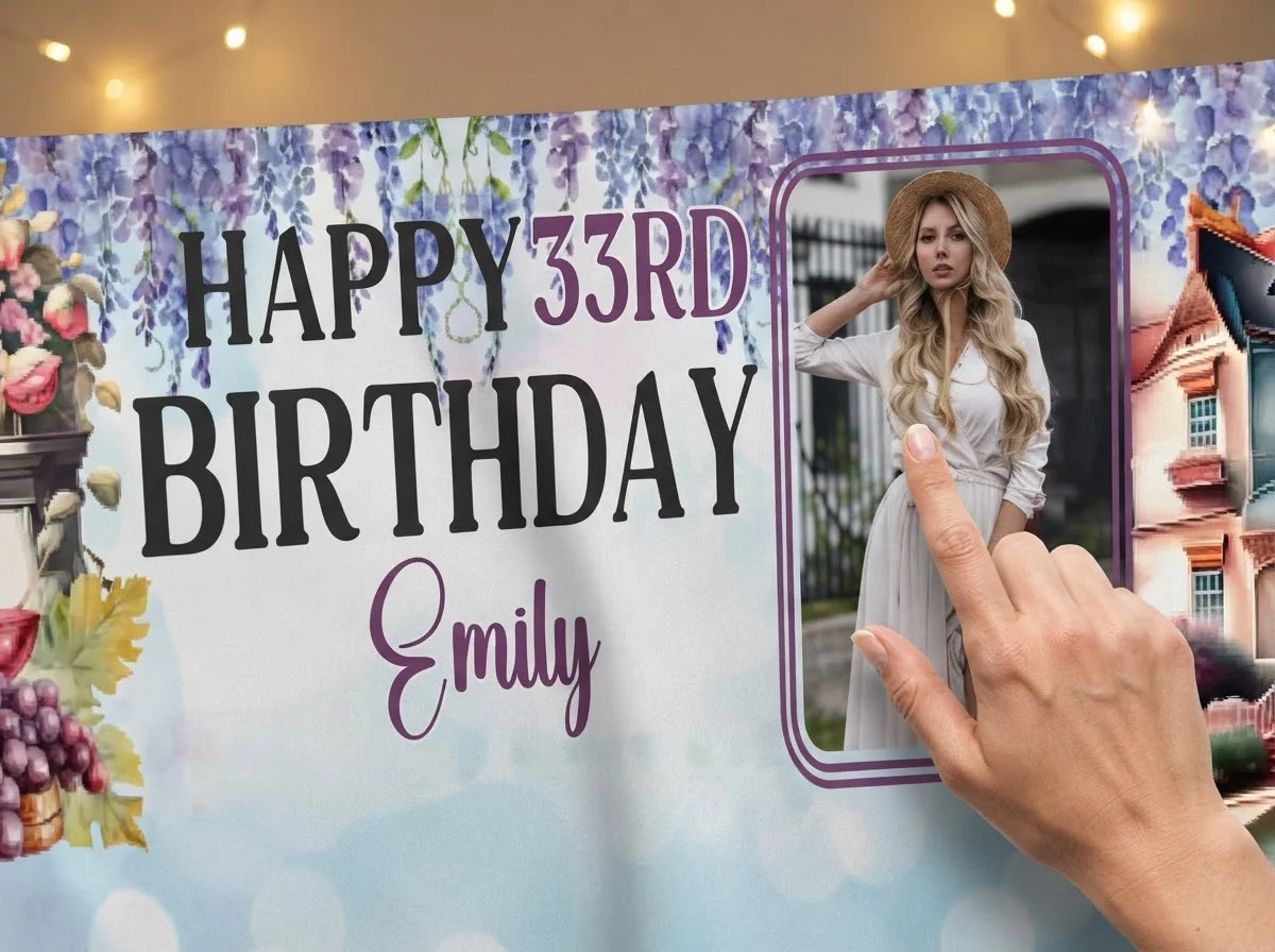 Close-up of the personalised name and photo printed on the Bridgerton Theme Birthday Party Banner