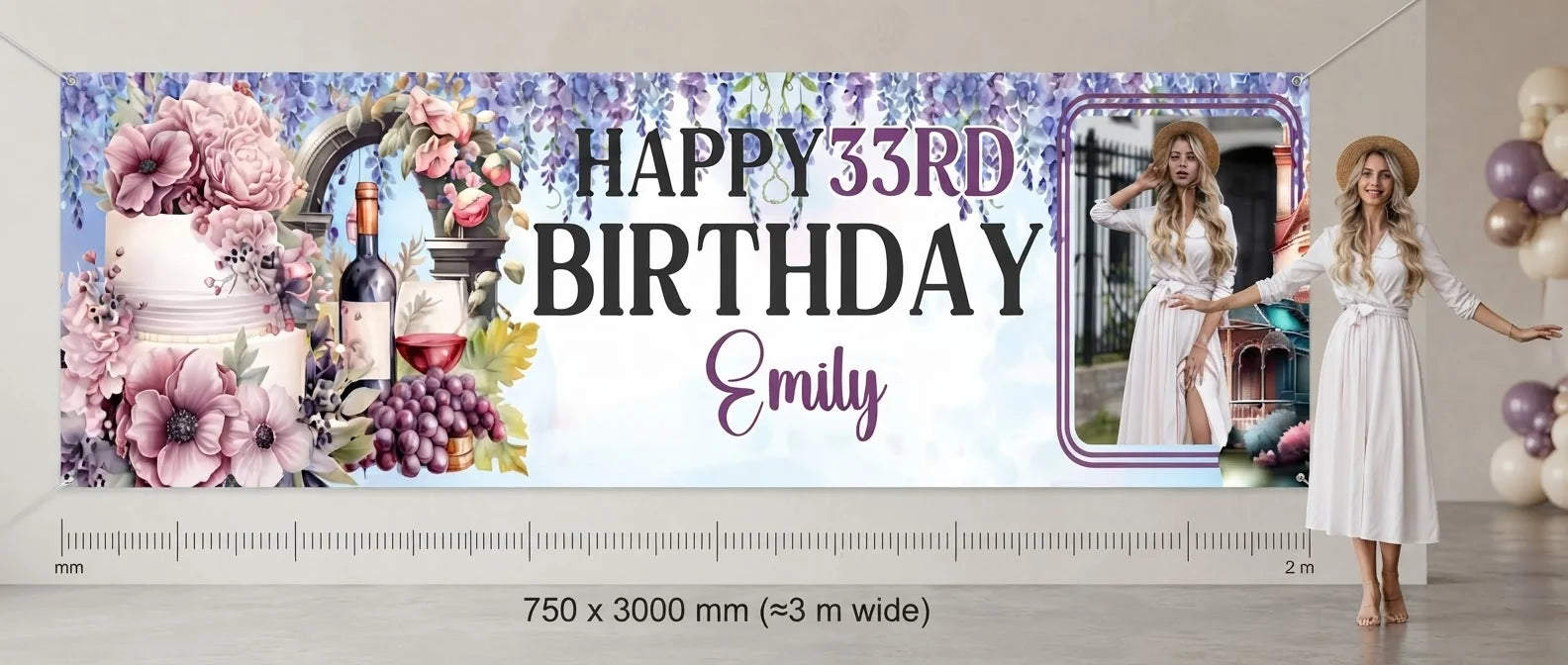 Person standing beside the Bridgerton Theme Birthday Party Banner for scale, with size guide showing 750 x 3000 mm