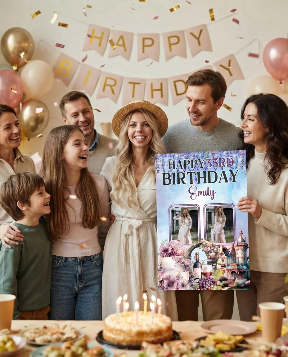 Friends and family celebrating with the personalised Bridgerton Theme Birthday Party Mega Card