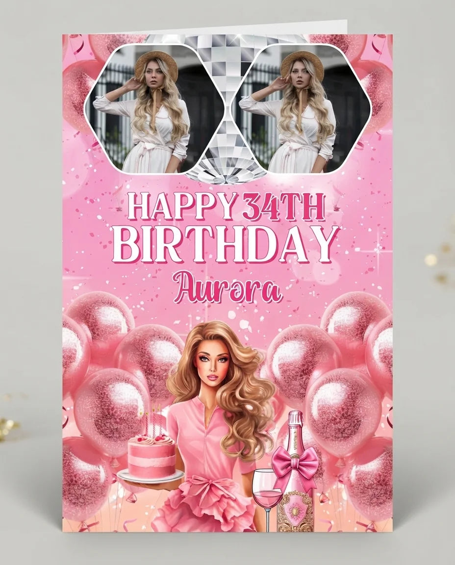 Personalised Barbie Disco Theme Birthday Party Mega Card displayed against a plain studio background