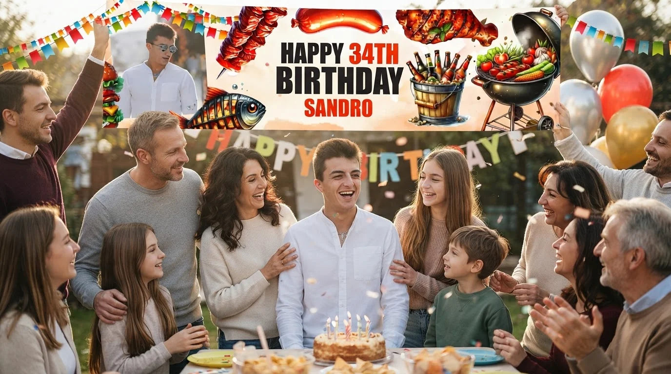 Friends and family celebrating with the personalised BBQ Theme Birthday Party Banner